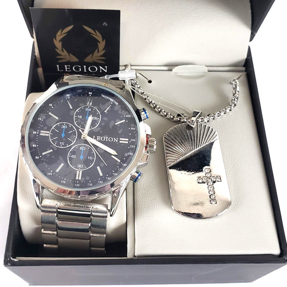 NEW!! Legion Mens Tachymeter Silver Watch & Necklace 62639 Stainless Steel Back - Picture 1 of 9